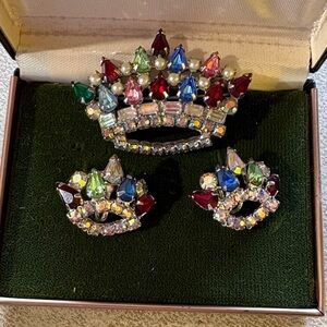 Vintage Multicolor AB Rhinestone Crown Brooch and Screw Back Earring Set